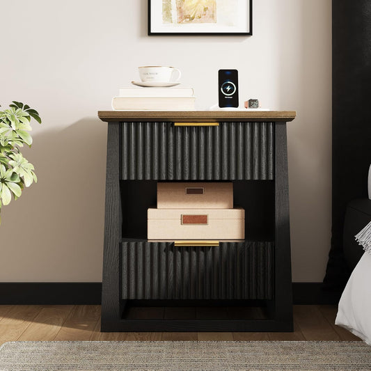 HIFYOBRO Fluted Nightstands with Charging Station & Motion Sensor Light, Modern Bedside Tables with 2 Drawers and Storage Shelf for Bedroom, Black
