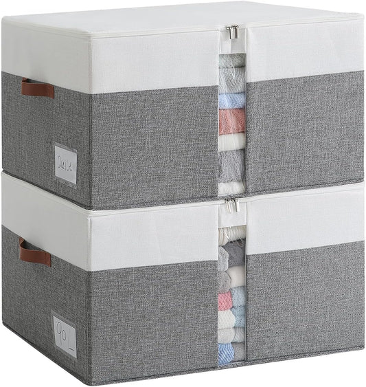 Reinforced LARGE Blanket Storage Baskets with Lids, 2 Packs Stackable Comforter Storage Bag with Clear Window & Handles, Clothes Organizer for Closet,King/Queen Comforters Quilt Duvet