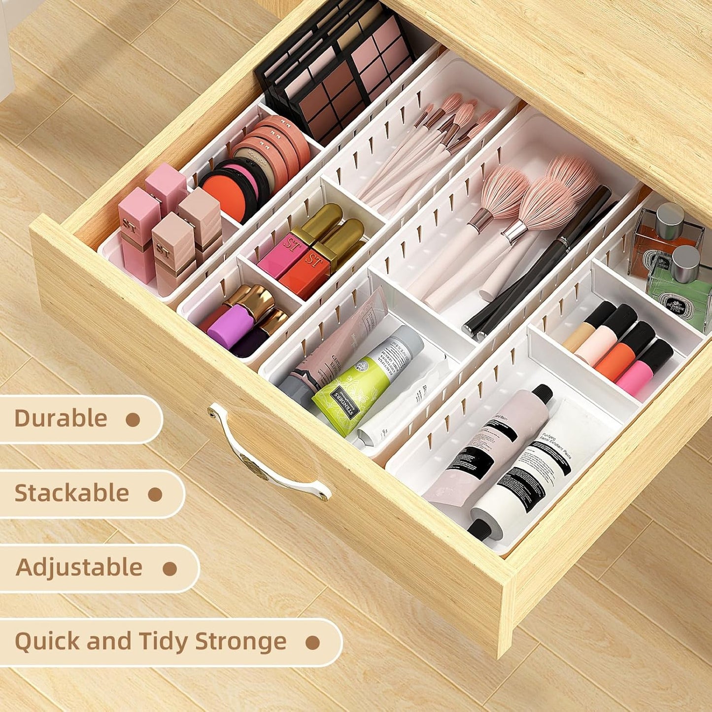 Desk Drawer Organizer Tray 4 PCS Plastic Office Drawer Organizer Bins Junk Organizer Divider with Non-Slip Silicone Pads, Makeup Vanity Organizer for Drawer, White