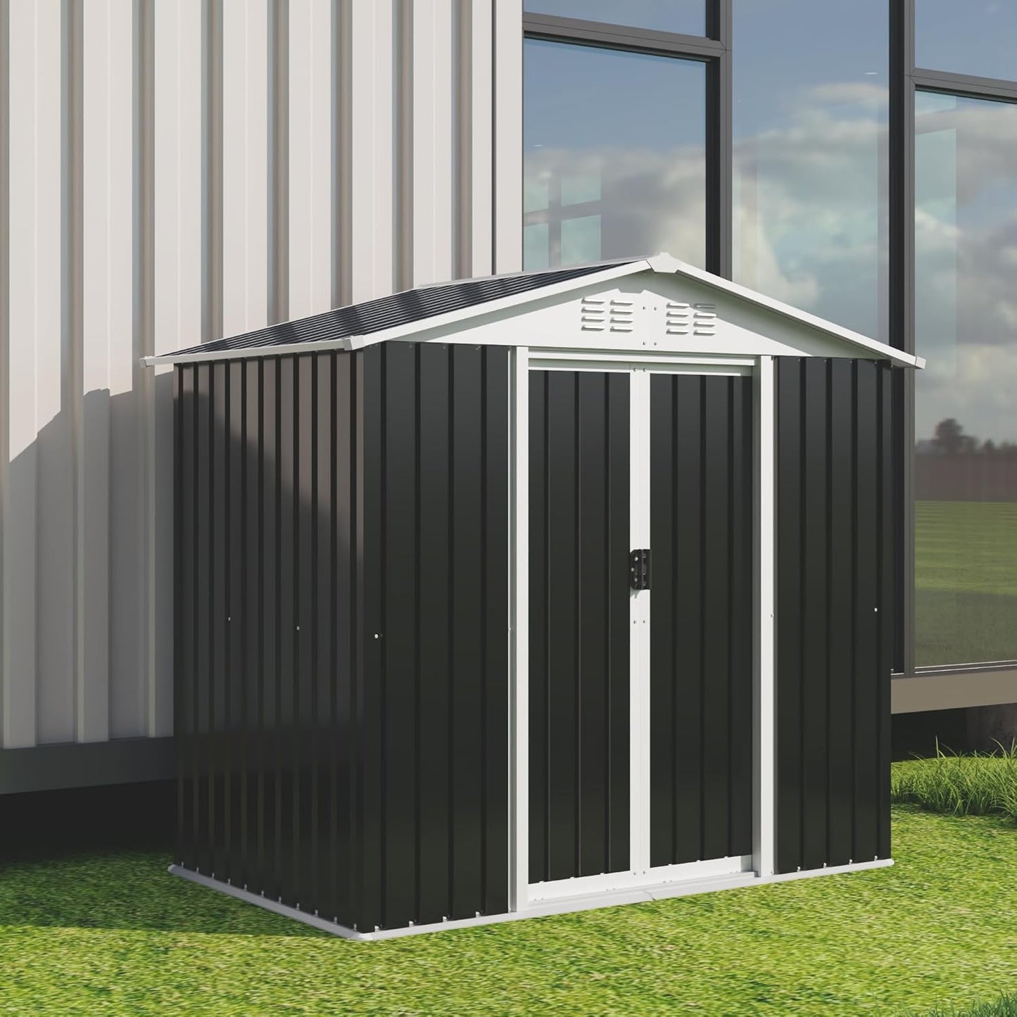 Outdoor Sheds 6FT x 4FT Outdoor Storage, Metal Anti-Corrosion Utility Tool House with Lockable Door & Shutter Vents，Outdoor Waterproof Garden Tool Metal Storage Sheds