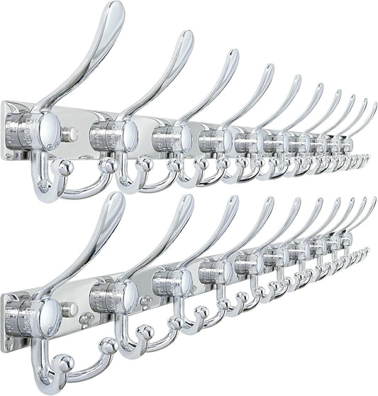 Dseap MaxStrong 2.0 Coat Rack Wall - 37” Long 10 Tri Hooks - Ultra Heavy-Duty Stainless Steel Wall Mount Coat Hanger, Hook Rail for Clothes Hats Jacket Towels Chromed, Pack of 2