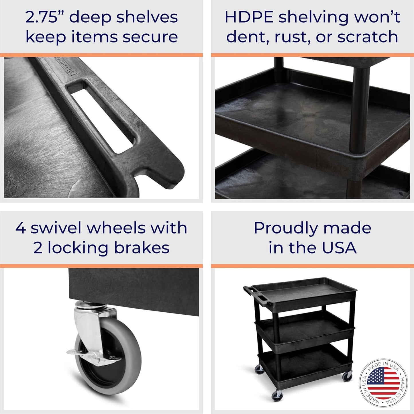 Stand Steady Tubstr Large 3 Shelf Utility Cart | Heavy Duty, Black HDPE & PVC, Holds Up to 300 lbs. | Storage & Rolling Tool Cart for School, Office, Garage & Warehouse
