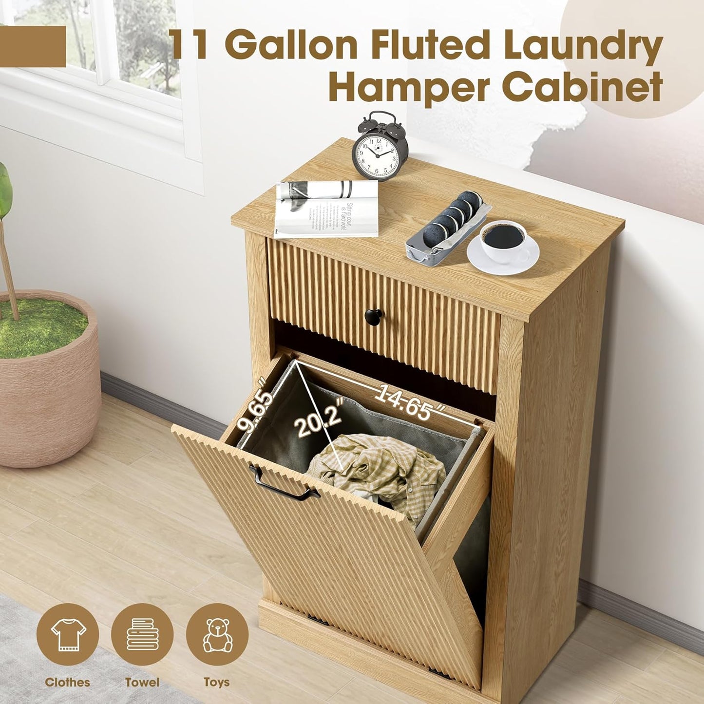 Grepatio Tilt Out Fluted Laundry Hamper Cabinet, 11 Gallon Hidden Laundry Hamper, Wooden Trash Can Cabinets with Drawer, Modern Garbage Can Cabinet for Bathroom, Kitchen, Living Room (Natural, Single)