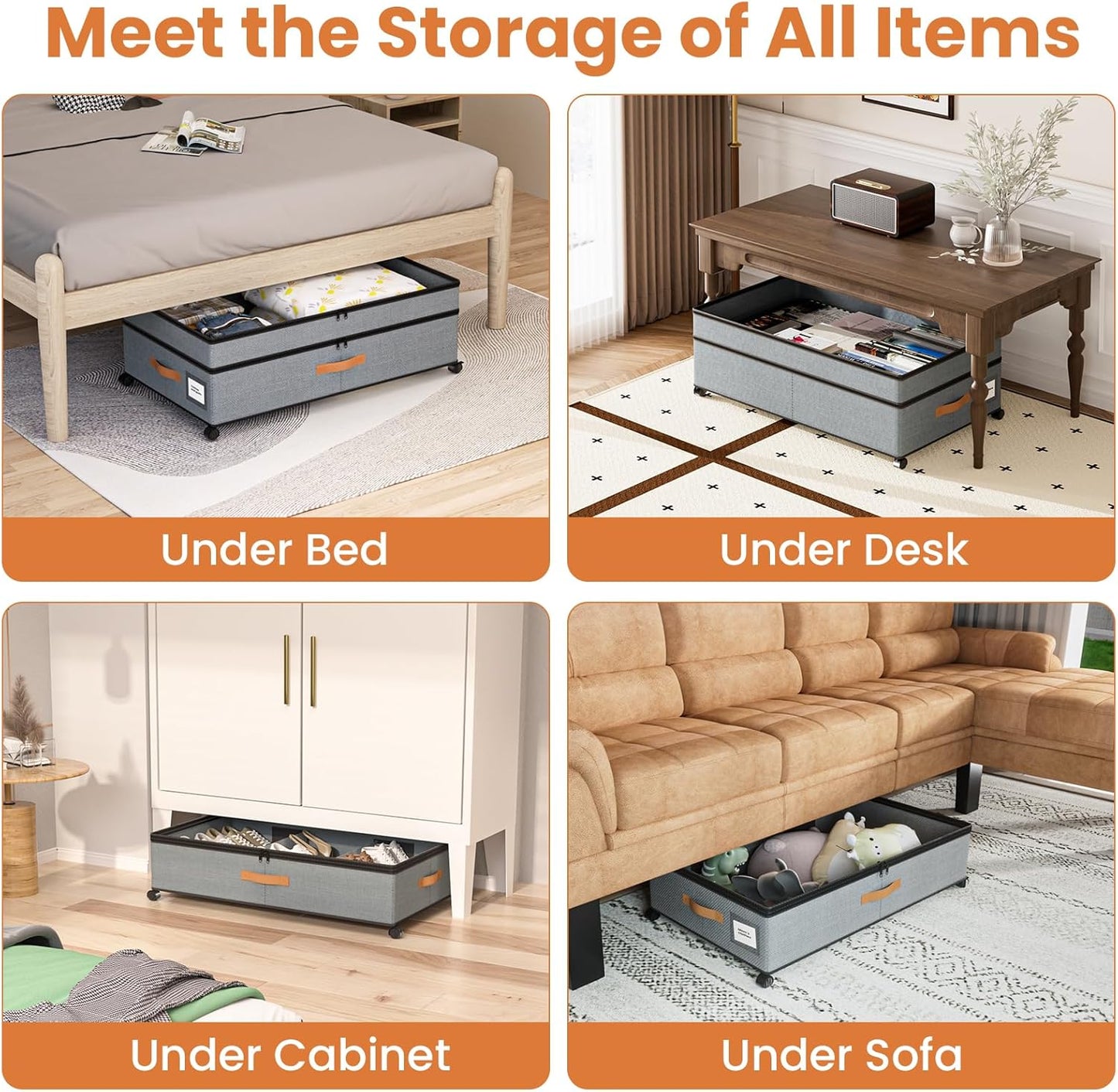 Under Bed Storage with Wheels, 72L XXL Under the Bed Storage Containers Large, 10‘’ Tall Adjustable Storage for Underbed with Lids, Rolling for Shoes, Clothes, Blankets, Grey