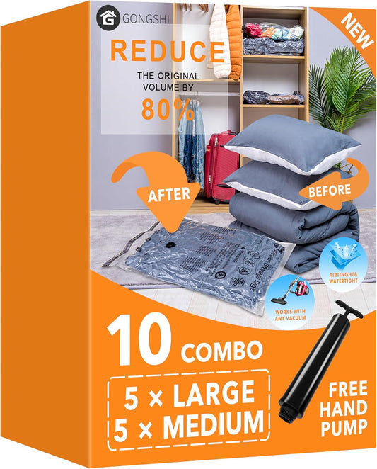 10 Pack Vacuum Storage Bags (5 x Large, 5 x Medium), Space Saver Sealer Compression Bags with Travel Hand Pump for Blankets, Comforters, Pillows, Clothes Storage