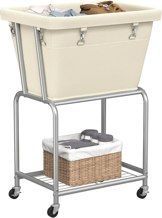ELYKEN Laundry Cart with Wheels, Rolling Laundry Hamper with Removable Bag and Shelf, Metal Frame Laundry Basket with 4 Casters and 2 Brakes, Ideal for Bedroom, Bathroom, Laundry Room, Cream