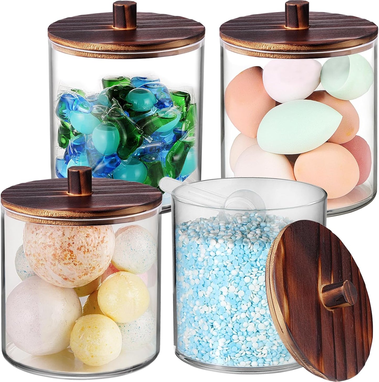 SheeChung 4 Pack 50 Oz Large Apothecary Jar with Wood Lid, Laundry Pods Container, Storage Jars for Bathroom Organization, Plastic Canisters with Cute Stickers Spoons(Dark Brown)