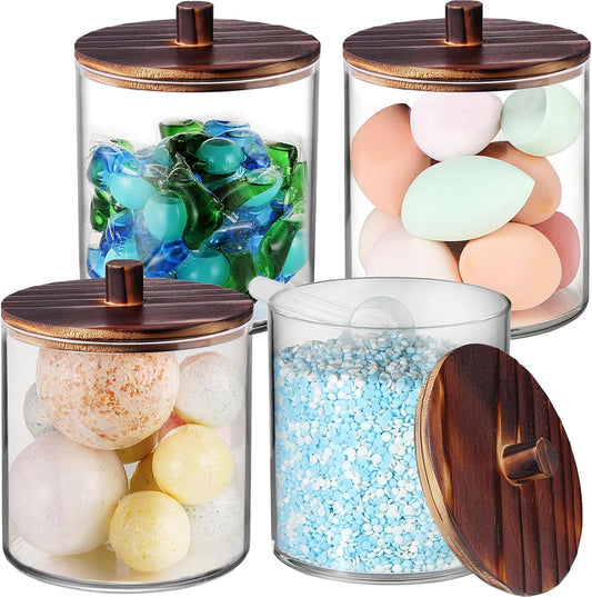 SheeChung 4 Pack 50 Oz Large Apothecary Jar with Wood Lid, Laundry Pods Container, Storage Jars for Bathroom Organization, Plastic Canisters with Cute Stickers Spoons(Dark Brown)