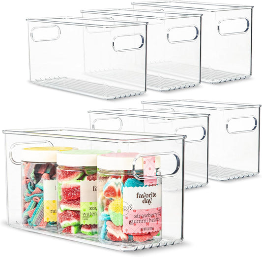 primebox Plastic Food Storage 6 Pack Clear Container Bin with Handles for Organizing Kitchen, Pantry, Refrigerator, Freezer, Pantry, Cabinet, Closet, Bathroom. 10”x4”x5”