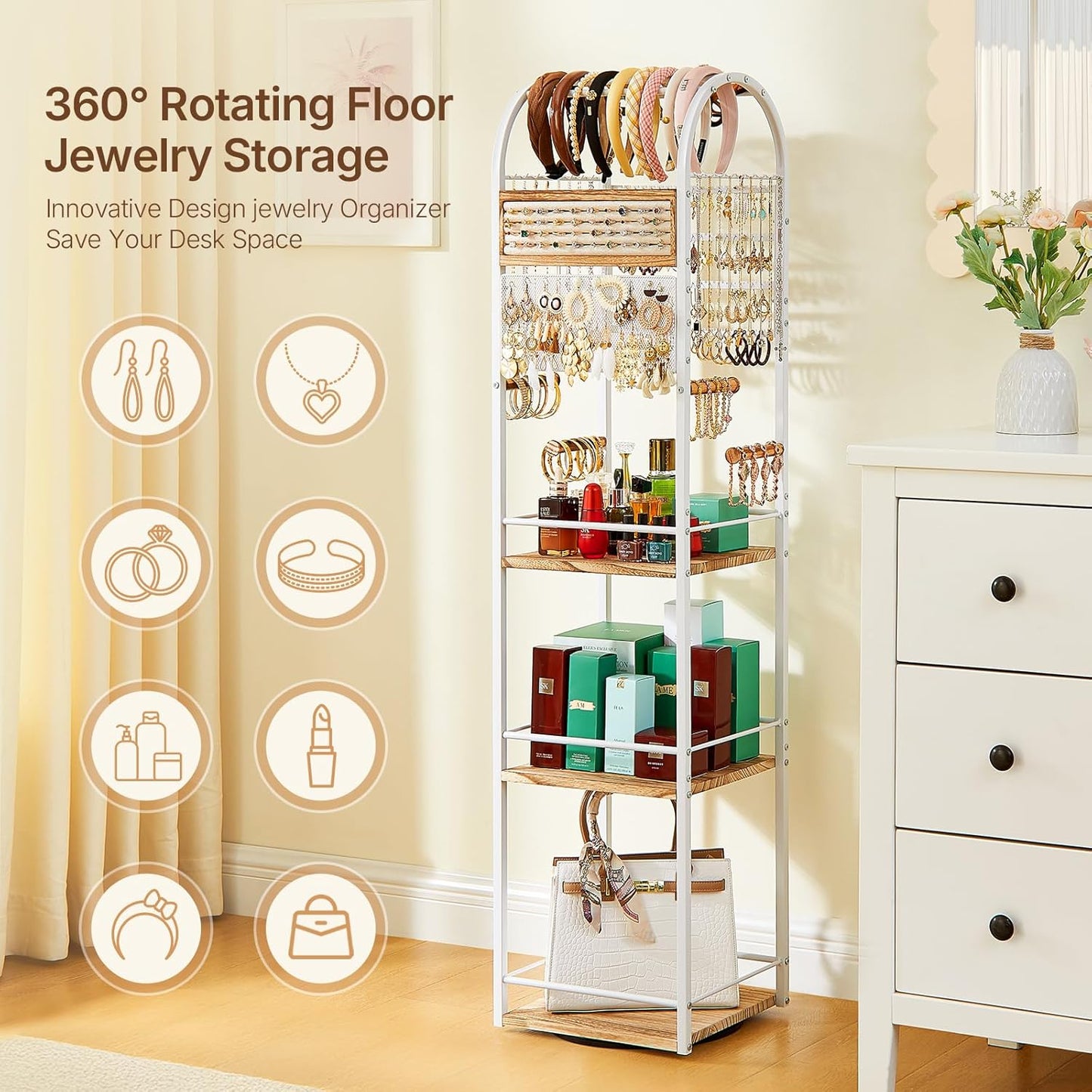 Jewelry Organizer Stand, 360° Rotating Floor Jewelry Holder with Earring Organizer Necklace Holder, 3 Floors Large Jewelry Stand Bracelet Ring Organizer, Women Jewelry Tree Organizer