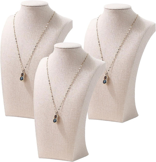 3Pcs Necklace Bust Stand for Selling, Linen Necklace Display Holder, Jewelry Necklace Organizer Rack for Shop Store Exhibition Show (9" Height)