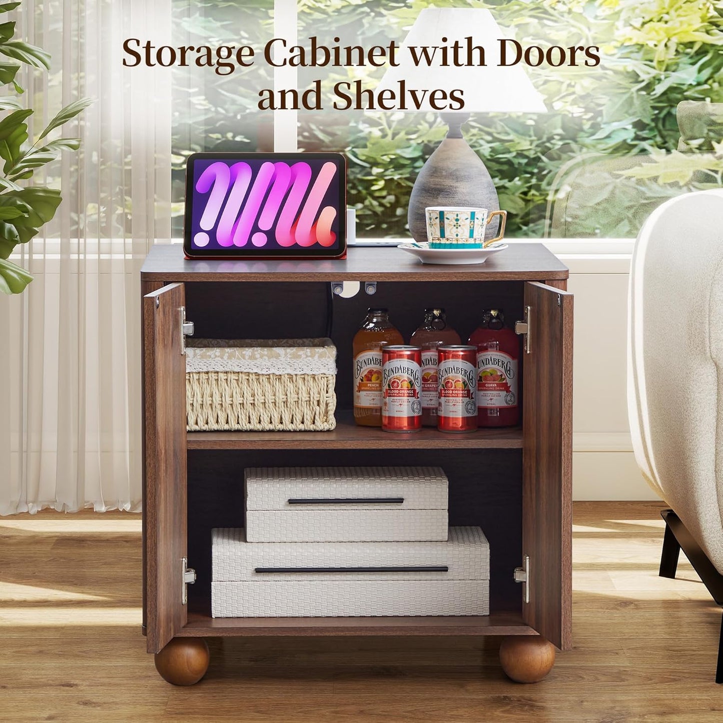 Bed Side Table with Charging Station, Mid Century Modern Nightstand with 2 Doors, Square End Table with Storage for Couch,Living Room,Small Spaces, Sofa Side Table for Office,Dorm - Walnut