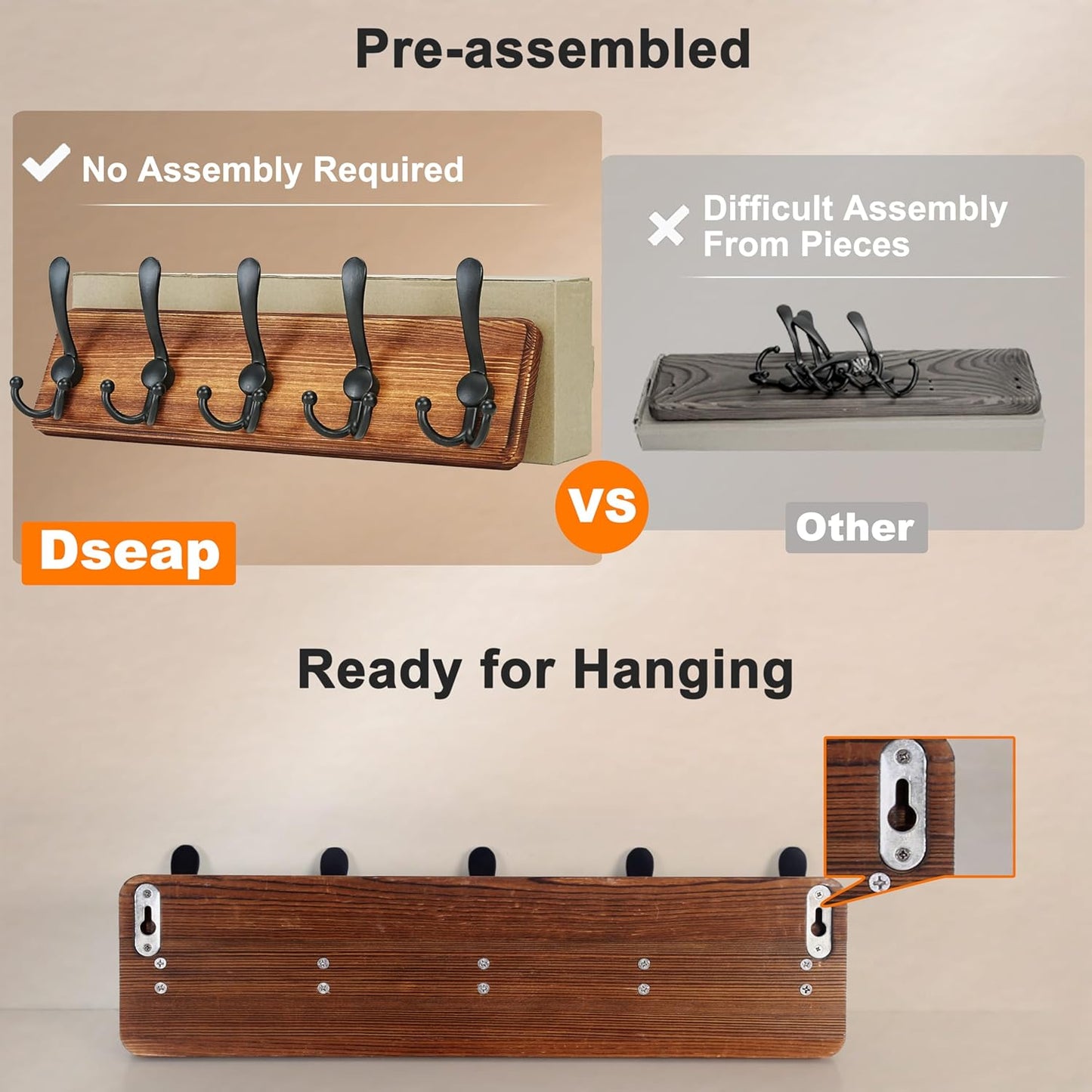 Dseap Coat Rack Wall Mounted - 5 Tri Hooks, Heavy Duty, Wooden Wall Coat Hanger Coat Hook for Clothes Hat Jacket Clothing, White & Black