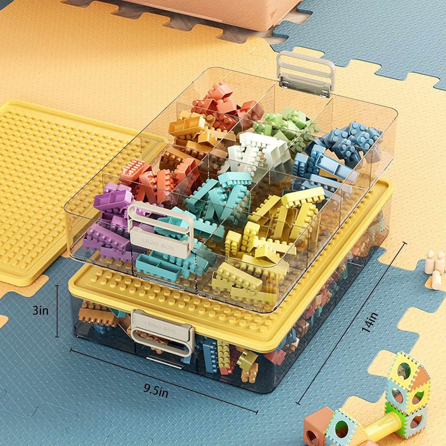 Toys Storage Organizer Bins for Lego, Stackable Toys Organizer, Lego Building Block Storage, Toy Storage Box with 24 Palace Grids, Plastic Stackable Organizer Bins (Yellow 1layer)