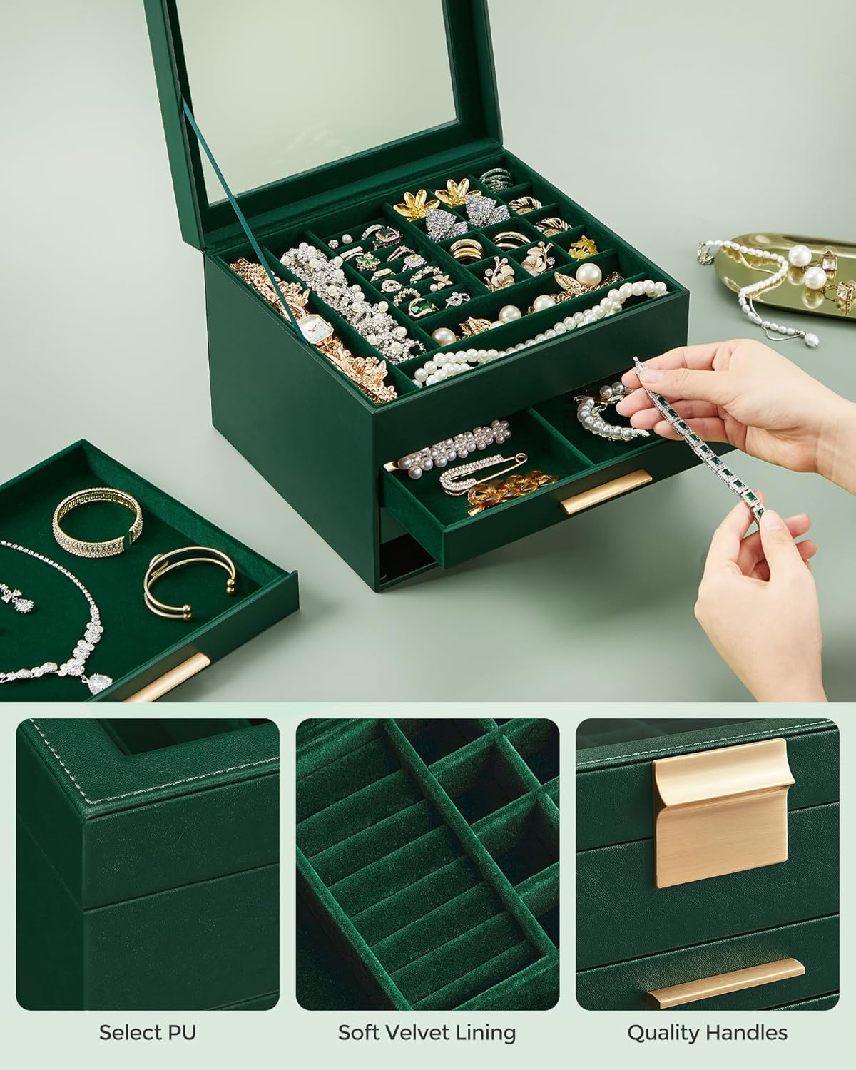 SONGMICS Jewelry Box Organizer with Glass Lid, 4-Layer Jewelry Storage, with 3 Drawers, Modern Style, Christmas Gift, 8 x 9.1 x 6.5 Inches, Forest Green and Gold Color UJBC173C01