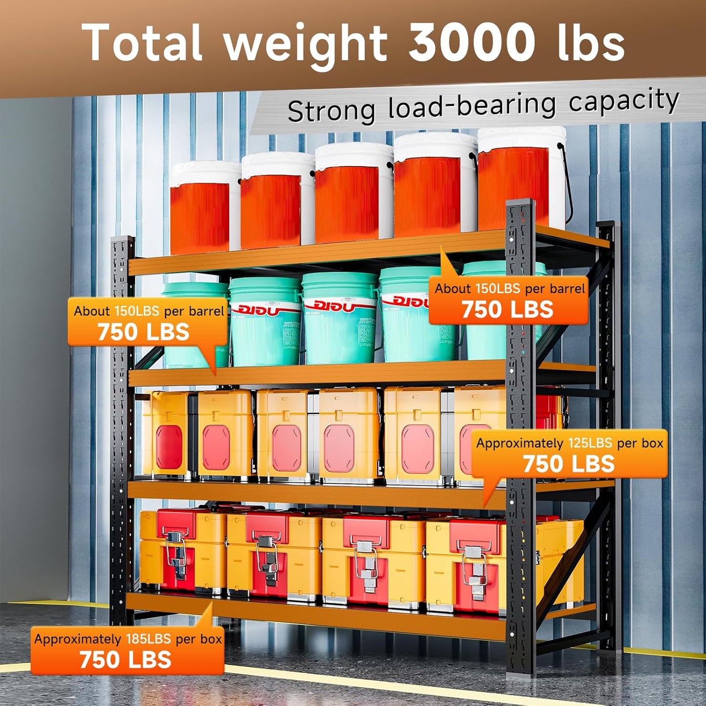 3000LBS Storage Shelves,48" W Garage Shelving Heavy Duty 4 Tier Metal Storage Rack Shelf，Industrial Shelving Adjustable Shelf for Basement Warehouse 48" W x 24" D x 70" H，Black