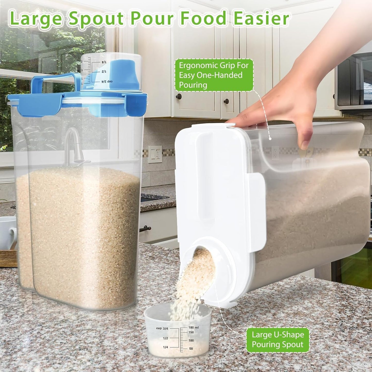 Rice Storage Container, 5 to 10lb Dry Food Airtight Dispenser, Pet Dog Cat Food Canister, BPA Free Clear Plastic Kitchen and Pantry Organization Bin for Oatmeal, Grain, Cereal, Pasta, Flour