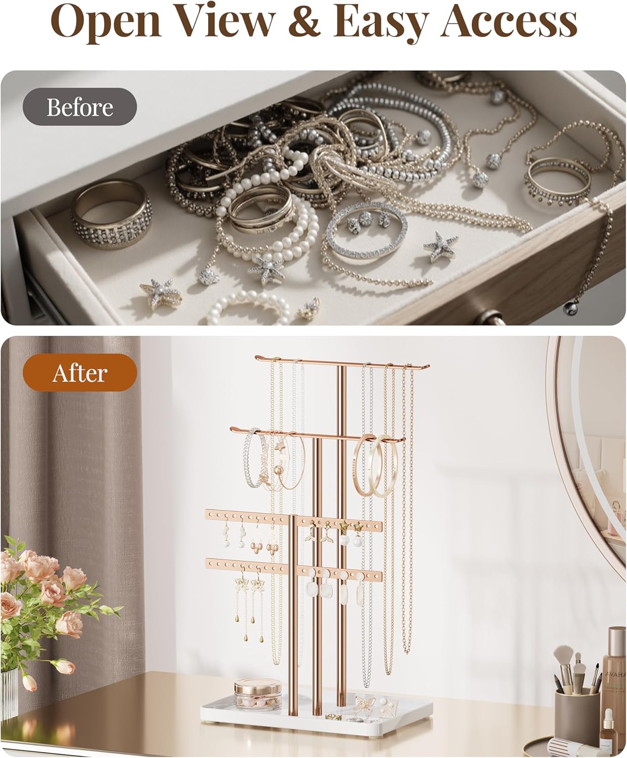 pickpiff Jewelry Stand Holder Organizer: 14.5" Sturdy Hanger for 80 Pcs Jewelry, Rose Gold Jewlery Tower for Display Necklace, Earring, Bracelet, Watch