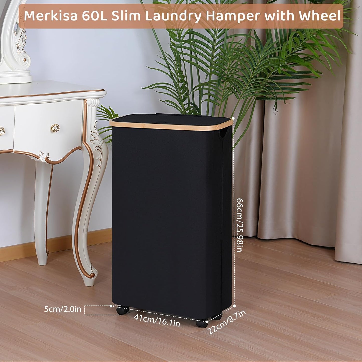 Slim Laundry Basket with Wheels,Narrow Hampers for Laundry,Freestanding Laundry Hamper with Lid&Bamboo Handles,Collapsible & Waterproof Tall Cloth Hamper for Dorm Family(60L Black)