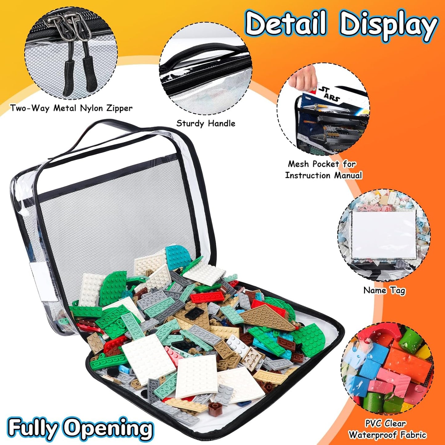 4 Pack Toy Storage Organizer Bag for Lego Bricks, Clear PVC Zippered Block Set with Manual Pocket& Name Tag, Waterproof Toy Carrying Case for Board Game, Building Blocks& Puzzles (Large, Black)