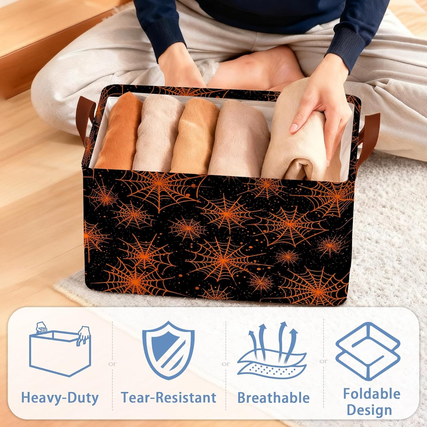 Halloween Storage Basket,Spider Web Collapsible Storage Bin Cubes for Living Room Bedroom Blankets Home Storage 17x11.5x10Inch