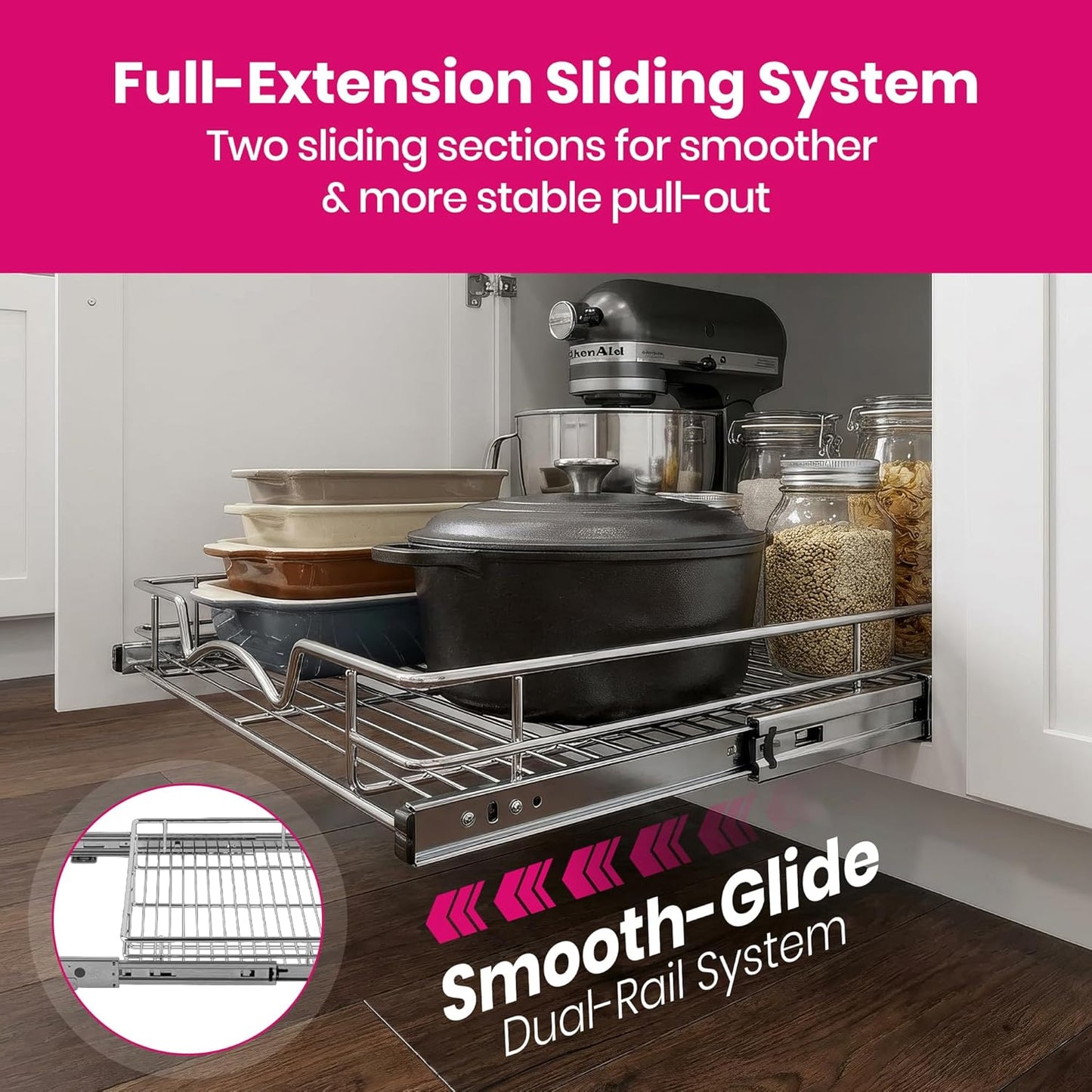 HOLDN’ STORAGE Pull Out Cabinet Organizer, Heavy Duty Caddy w/Lifetime Limited Warranty -17”W x 21”D - Requires At Least 18-1/4” Cabinet Opening, Steel Metal Cabinet Drawers Slide Out, Chrome