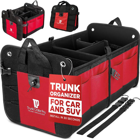 TRUNKCRATEPRO Red Car Accessories Trunk Organizer For Car, Suv Premium Multi Compartments Collapsible Portable Car Organizer For Women W 2 Adjustable straps, non-skid bottom (Large Capacity)
