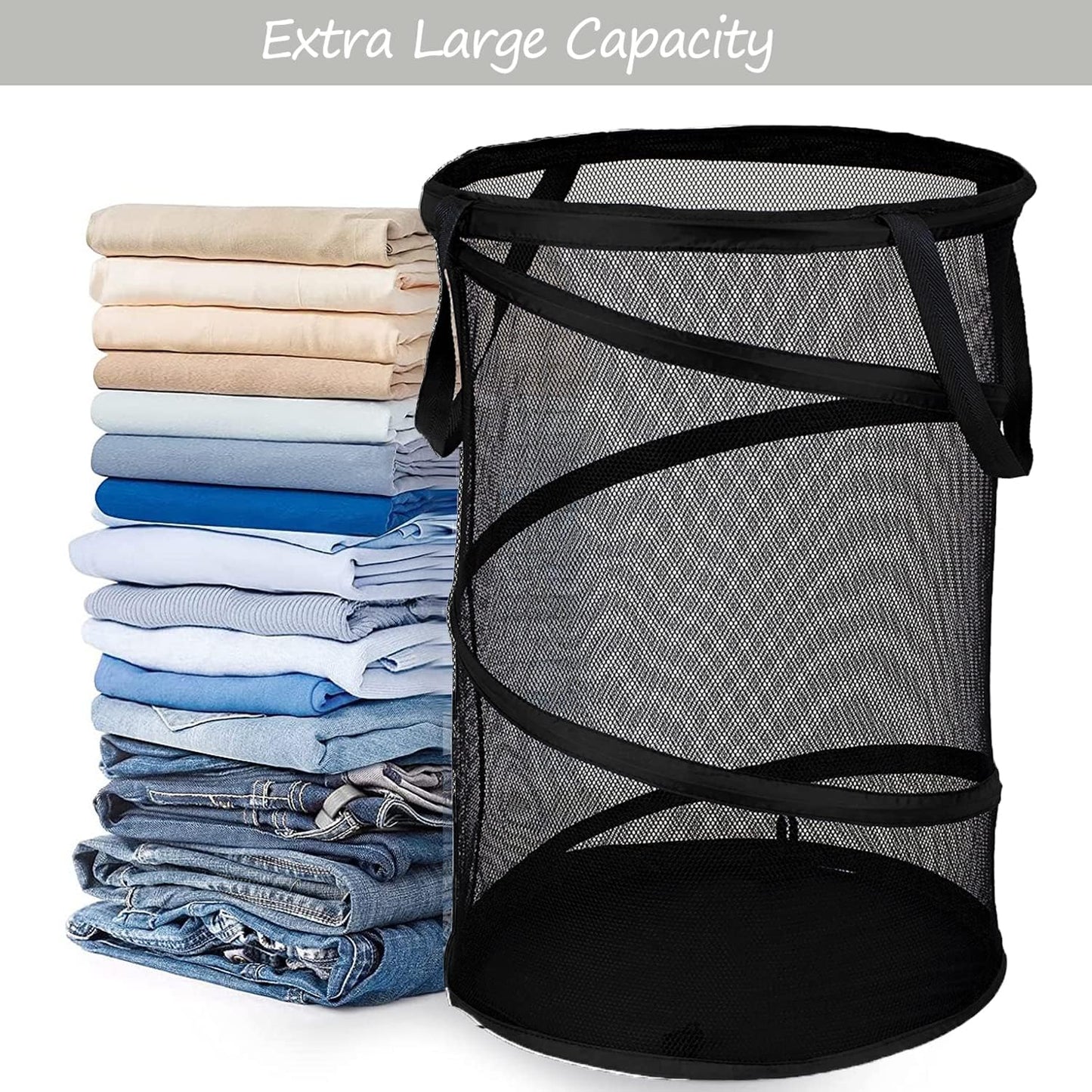 BATTOO 2 Pack Black X-Large Collapsible Laundry Basket Foldable Mesh Pop Up Hamper with Handles for Laundry Room, Bathroom, Kids Room, College Dorm, Travel, Camping, Gift Basket