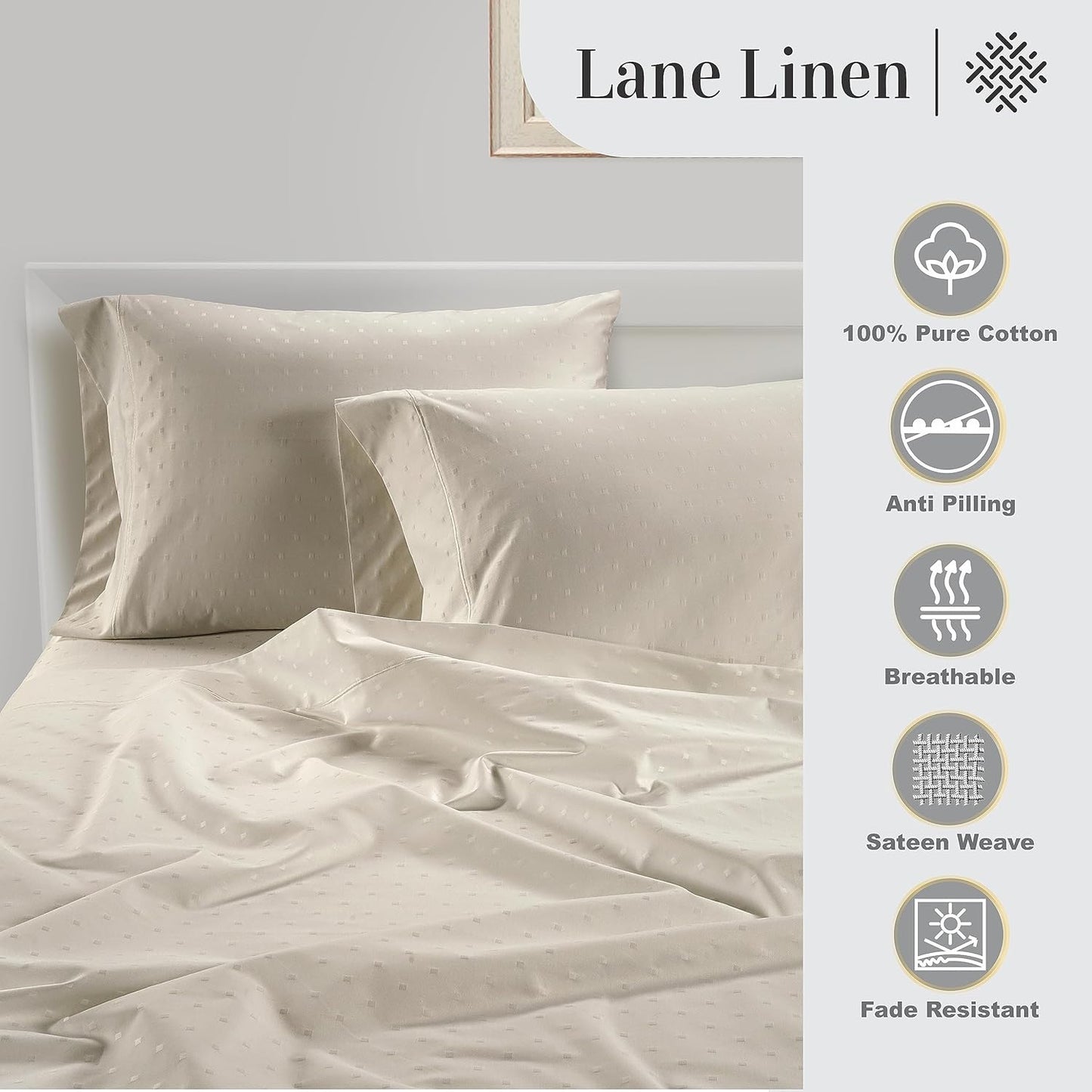 LANE LINEN Pillow Case Covers King, Set of 2, 100% Egyptian Cotton Sateen, Soft Cool & Smooth 1000 Thread Count Pillow Cases - Swiss Dot - Ivory