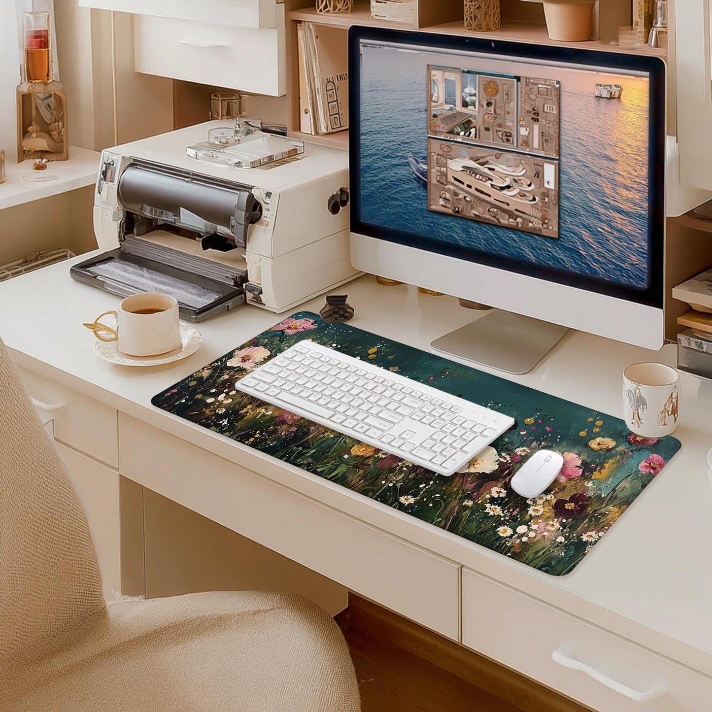 Vintage Wildflower Large Mouse Pad 31.5x15.7inch, Retro Floral Large Extended Computer Desk Mat Mousepad for Keyboard and Mouse, Floral Desk Accessories