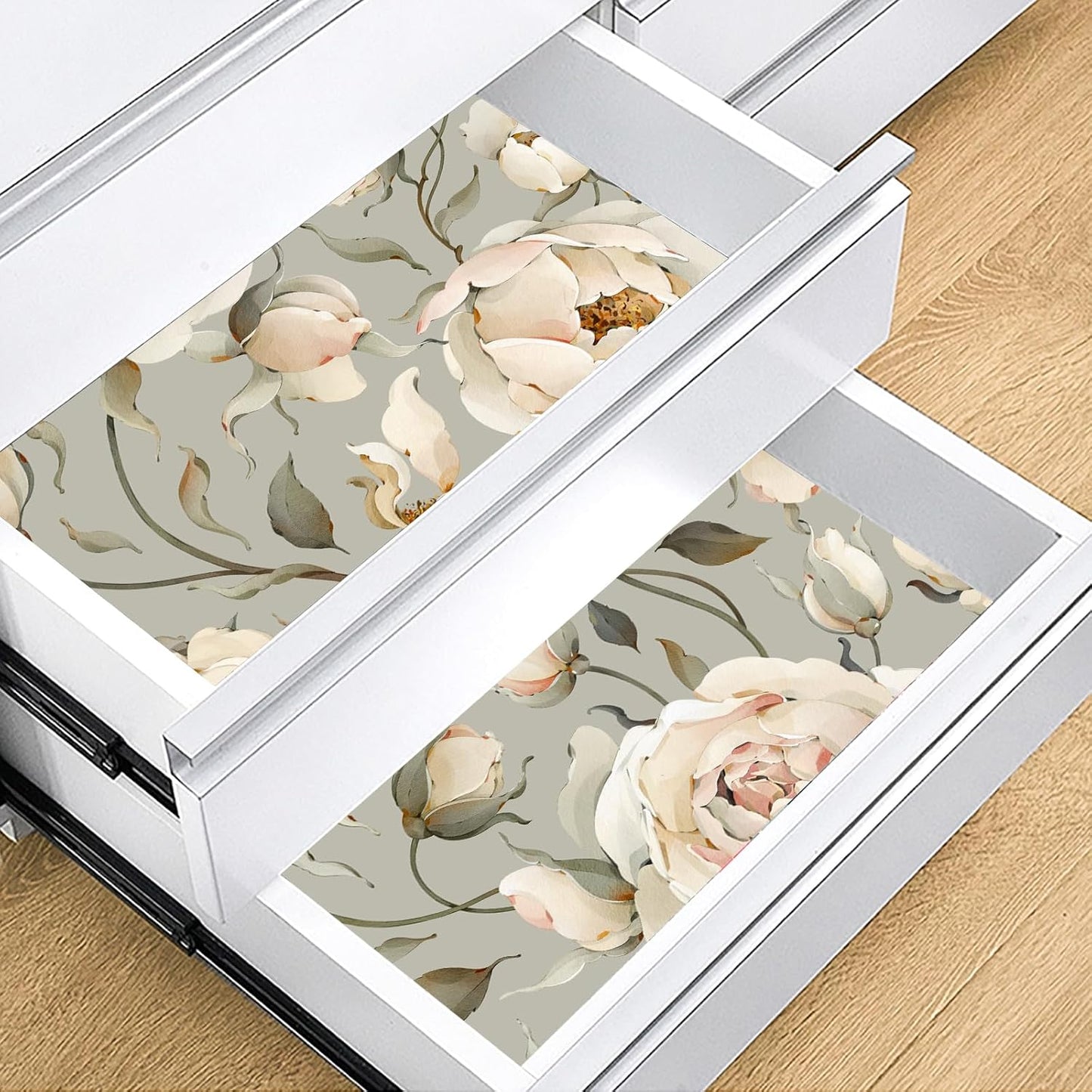 HAOKHOME Shelf Liner and Cabinet Liner Floral Peony, Self-Adhesive Drawer Liners, Peel and Stick Contact Paper for Kitchen Cupboard, Non Slip Bathroom Drawers, Green Cream 17.7in x 6.5ft