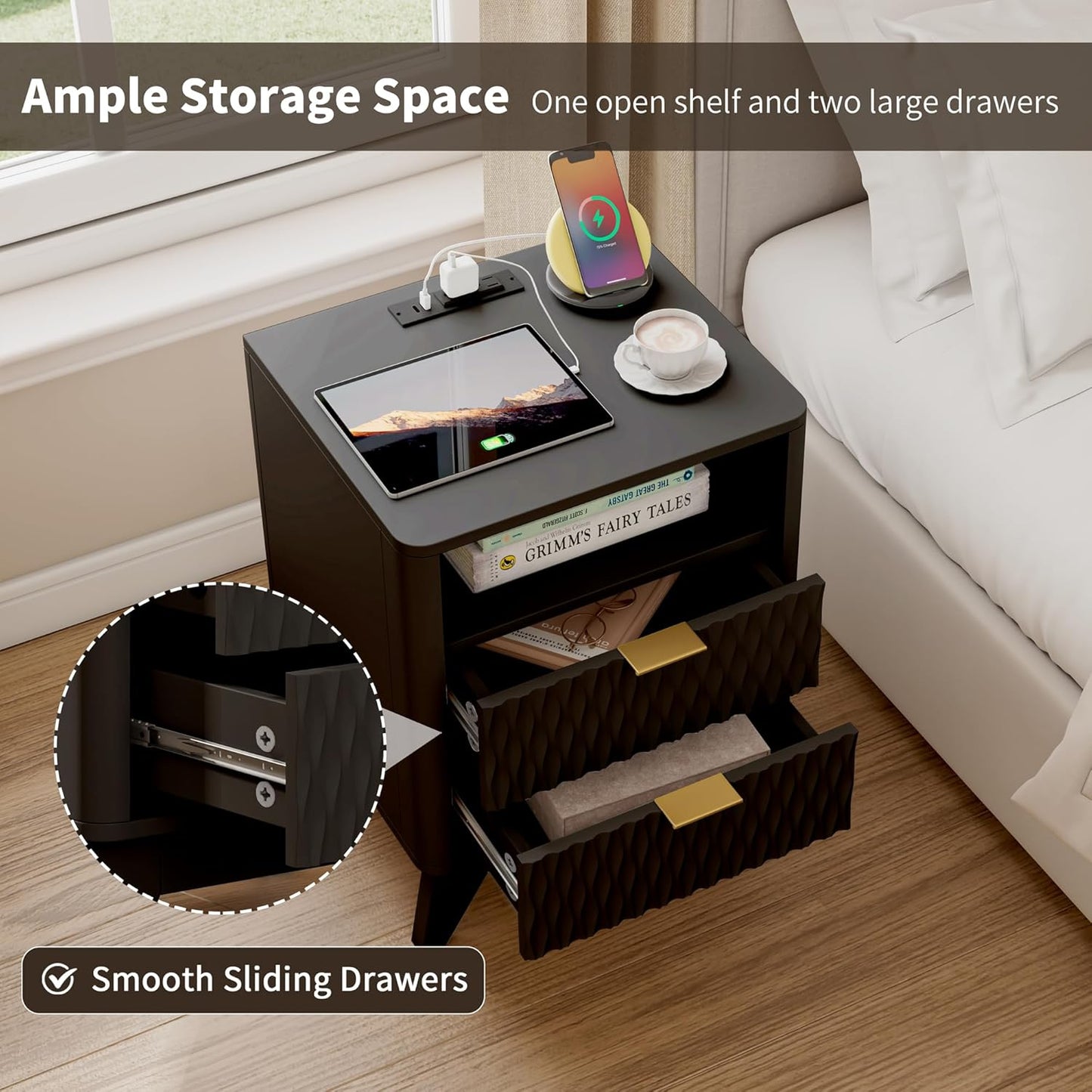 Fluted Nightstand with Charging Station, 18" Modern End Table with Storage Drawers, Bedside Table for Bedroom (Black)