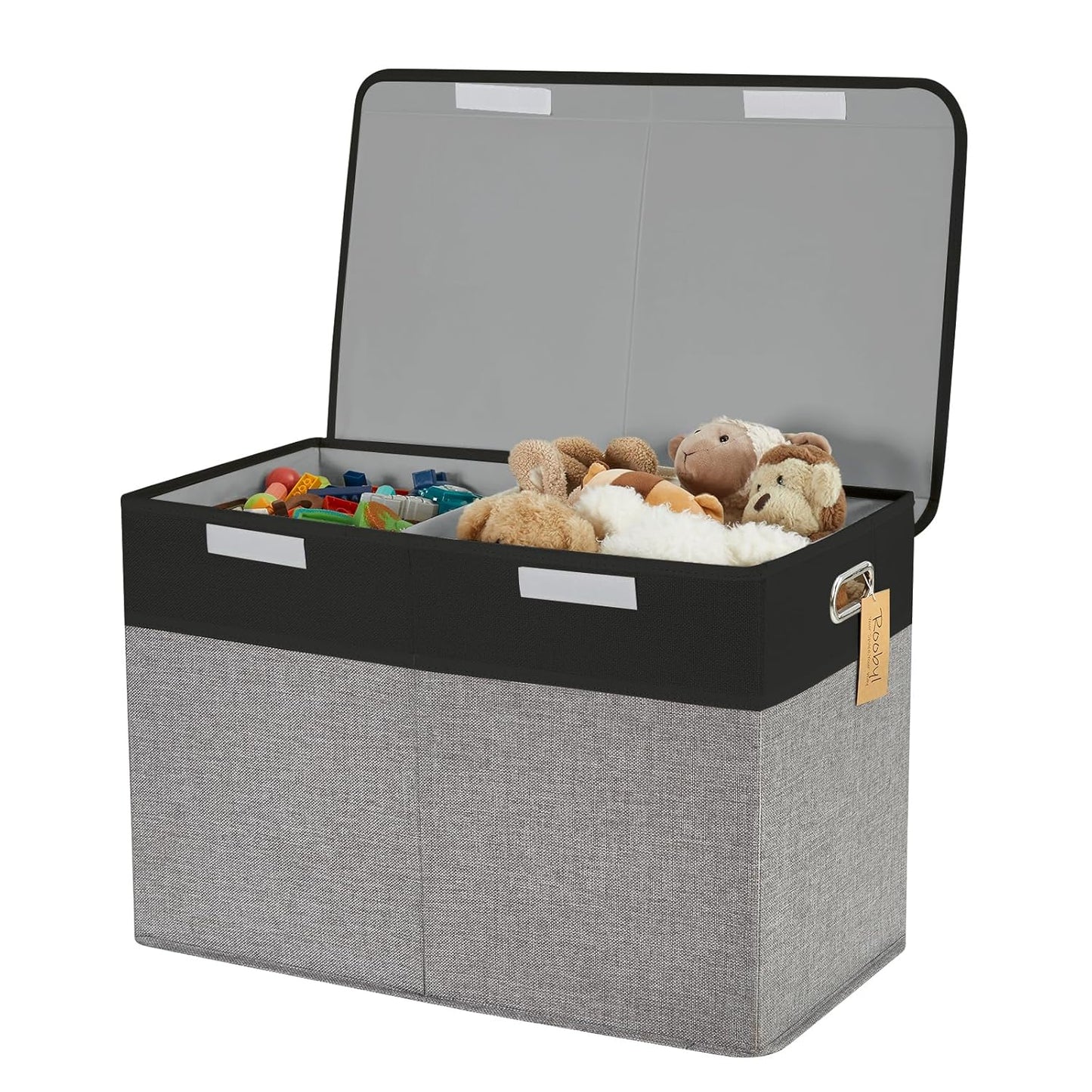 Large Toy Box with Flip-Top Lid, Collapsible Storage Organizer Bins with Dividers and Handles, Kids Bin Chest Baskets for Toys, Playroom Organizers, Nursery 25"x13" x16" (Balck & Gray)