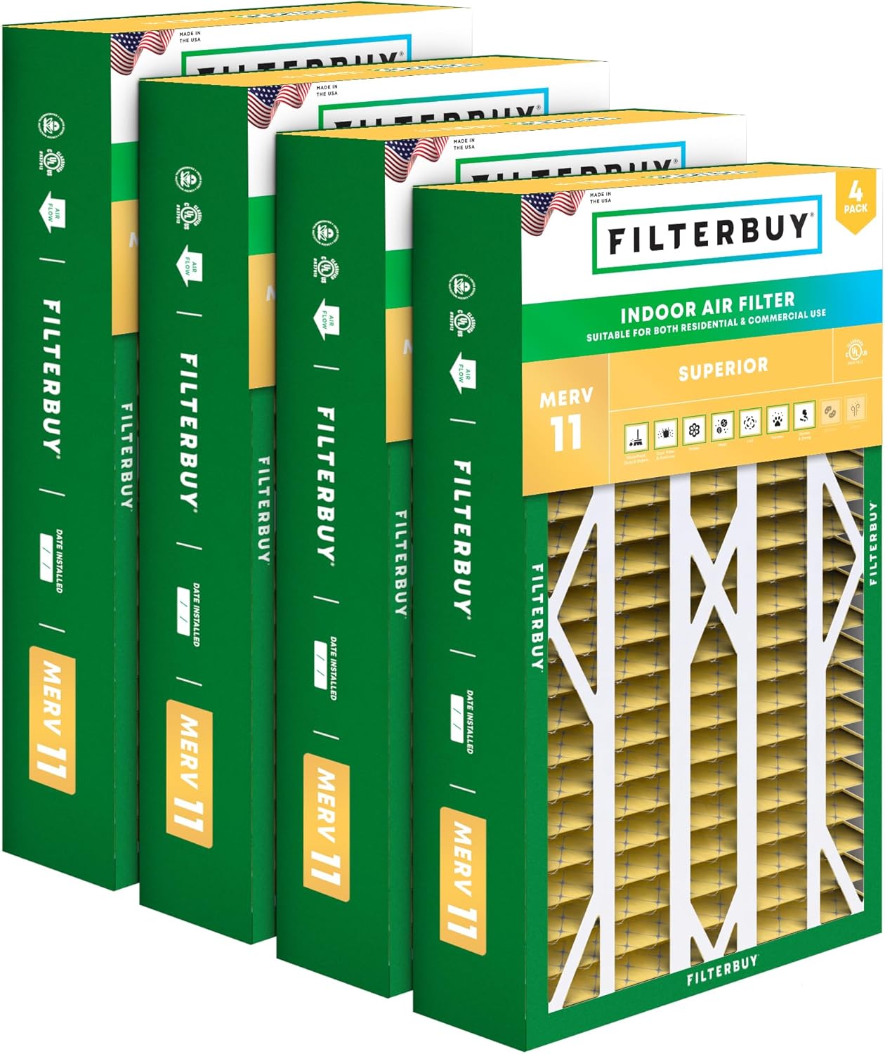 Filterbuy 16x28x6 Air Filter MERV 11 Superior Pet & Allergy Defense (4-Pack), Pleated HVAC AC Furnace Filters for AprilAire Space-Gard 401, 2400, & Lennox (Actual Size: 15.50 x 26.88 x 6.00)