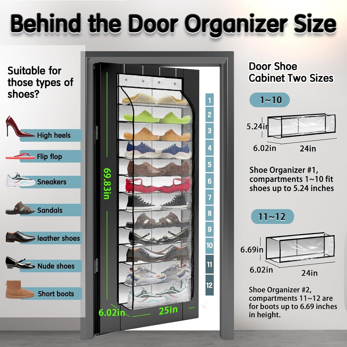 Over The Door Shoe Organizer with 12 Large Breathable Pockets - Durable Hanging Storage for the Entire Family's Shoes - White