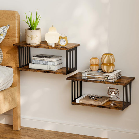 Floating Nightstand Set of 2, 2-Tier Floating Shelves Wall Mounted,Floating Bedside Table Wall Shelf,Display Wall Shelves for Bedroom,Living Room, Bathroom, Kitchen,Rustic Brown