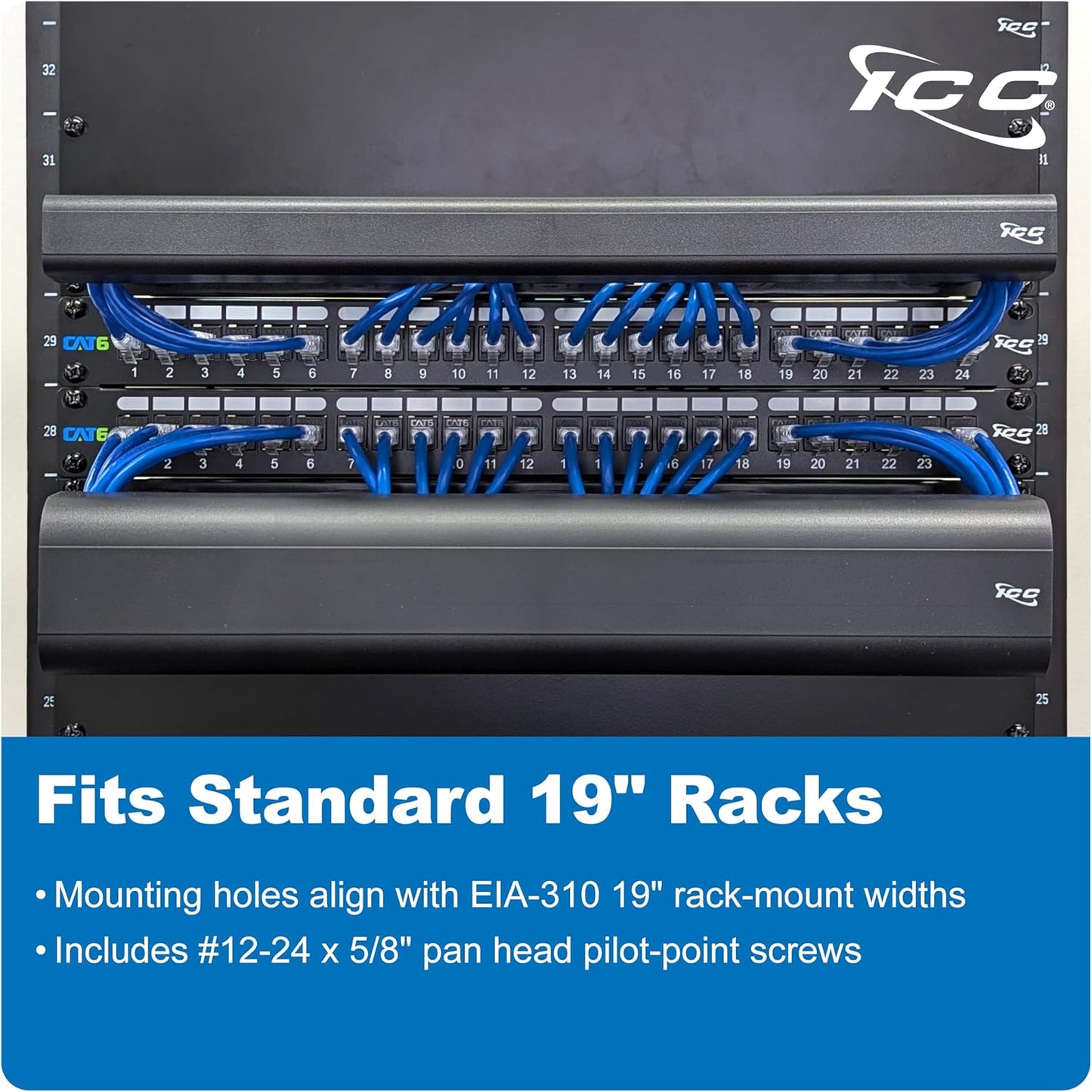 ICC 1U Ring Cable Manager Panel with Cover, Plastic with Metal Back Frame, 4" D-Rings, Horizontal Cable Management, Rackmount for 19” Network Racks, Black, 6-Pack