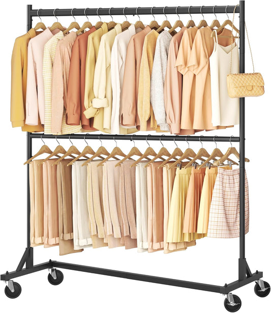 Hoctieon Double Rod Z Rack, Rolling Clothes Racks with Z-Base, Adjustable Clothing Rack, Standing Clothes Rack, Metal Clothing Racks for Hanging Clothes, Portable Garment Rack, Black