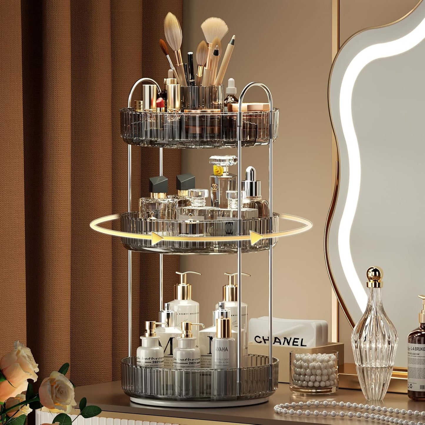 YCIA&DONE Rotating Makeup Organizer for Vanity, Large Capacity Make Up Storage Skin Care Shelf Perfume Holders Cosmetic Dresser Organizer Countertop Spinning 360 (Smoky Gray, 3Tiers)