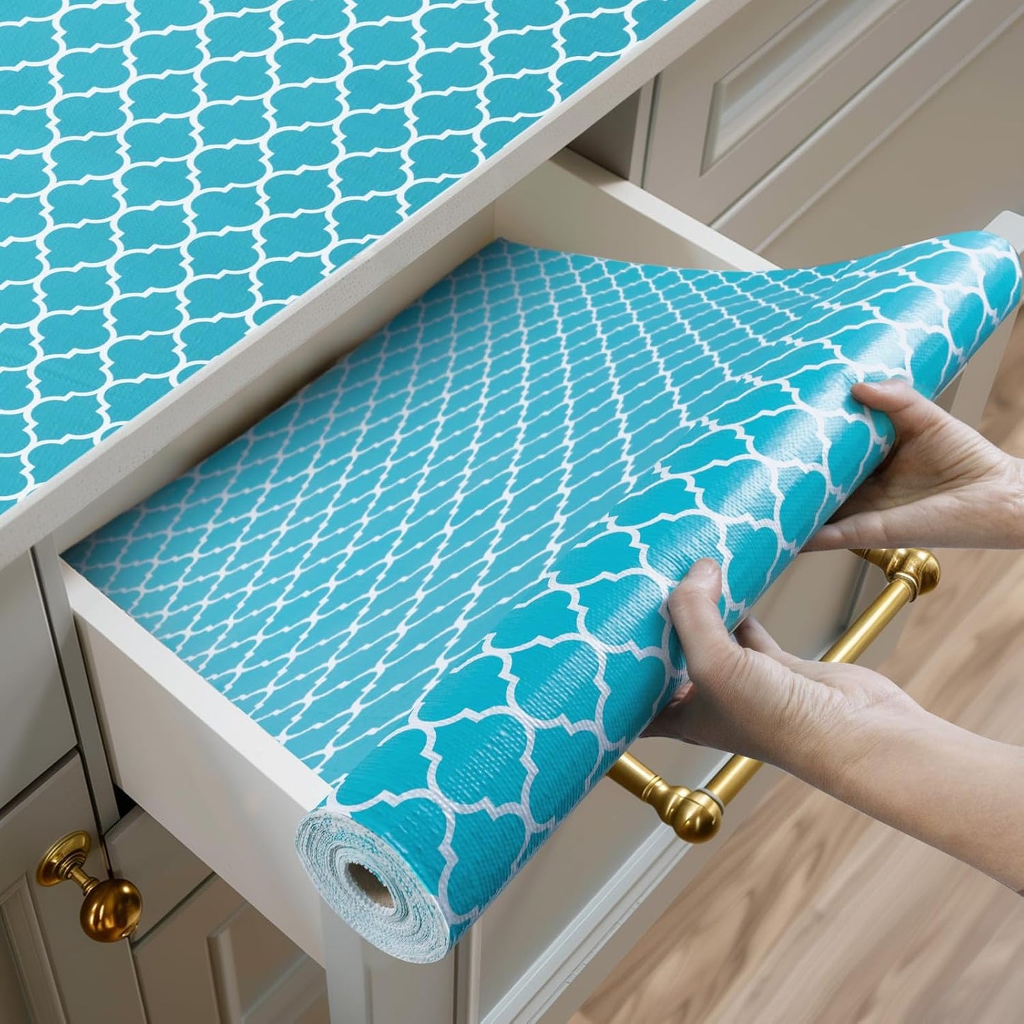 Shelf and Drawer Liner for Kitchen Cabinets Non-Adhesive, Strong Grip Non-Slip Thickened Cabinet Liners for Shelves, Waterproof Mats for Dresser Cupboard, Green/White, 17 in x 10 Feet