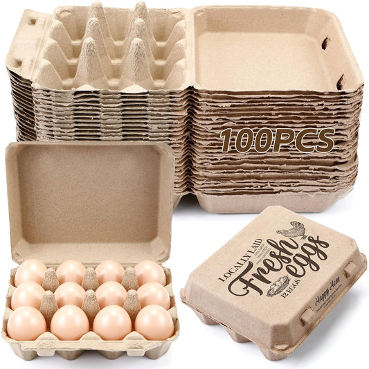Zhanmai 100 Pack Egg Carton Bulk 12 Chicken Duck Egg Carton Vintage Printed Farm Fresh Crate with 3 x 4 Holds Recycled Paper Cardboard Sturdy Reusable Box Holder(Retro Style)