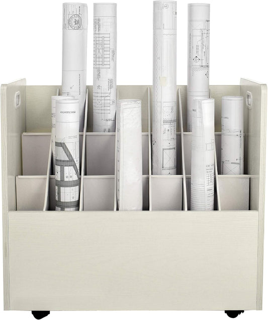 AdirOffice Adir Blue Print Storage Organizer - Mobile Roll File Cart, Construction Plan Holders, Blueprint Cabinet with Wheels, Roll Files Storage for Office and Home (21 Slots, White)