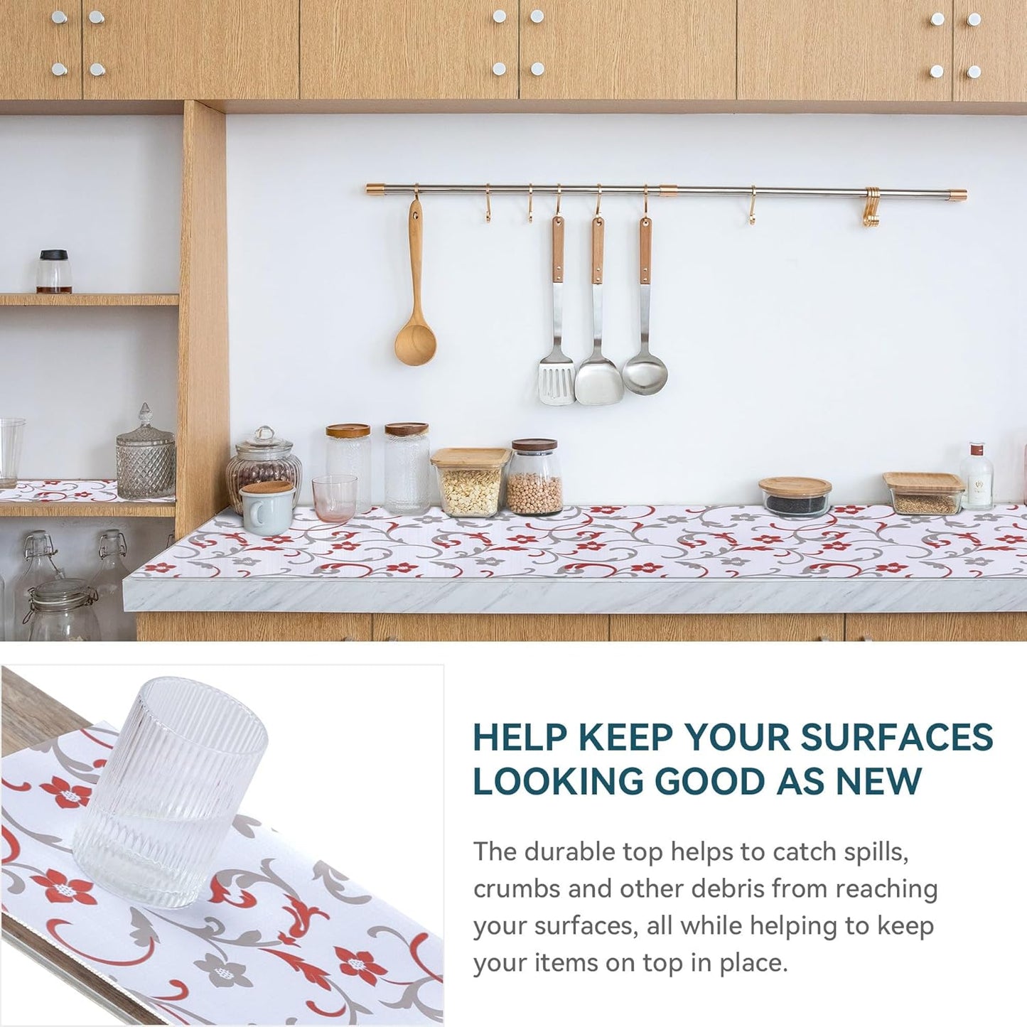 18" W x 96" L Floral Drawer and Shelf Liner for Cabinets, Non-Adhesive Strong Grip Non-Slip Flower Shelf Cabinet Kitchen Shelf Liners for Kitchen Cabinets