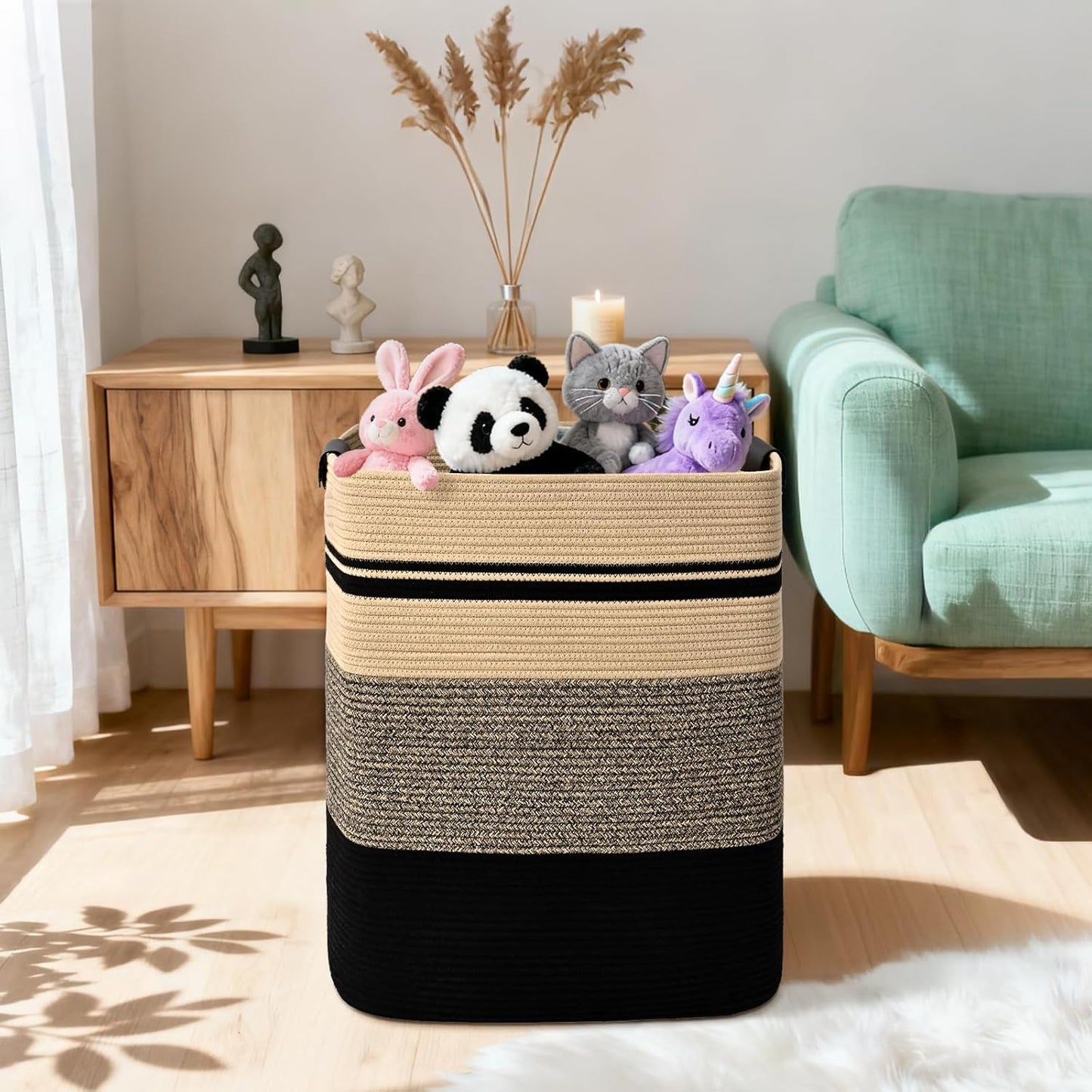 Laundry Hamper, 75L Tall Laundry Basket with Leather Handles, Rectangle Large Clothes Hamper for Organizing, Cotton Woven Laundry Baskets Storage Hampers for Bedroom, Nursery, Living Room