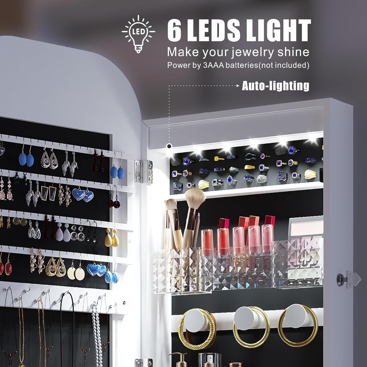 6 LED Mirror Jewelry Cabinet - Wall/Door Mounted Jewelry Armoire with Large Capacity - Lockable Tall Hanging Organizer - Cosmetic Storage & Gift Idea - White
