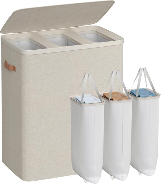 SONGMICS Laundry Basket, 50.2 Gal. Laundry Hamper, 3 Compartments, Easy Assembly, with Lid and Handles, Removable Liners, 25.2 x 15.7 x 29.5 Inches, Cappuccino Beige ULCB814LH01