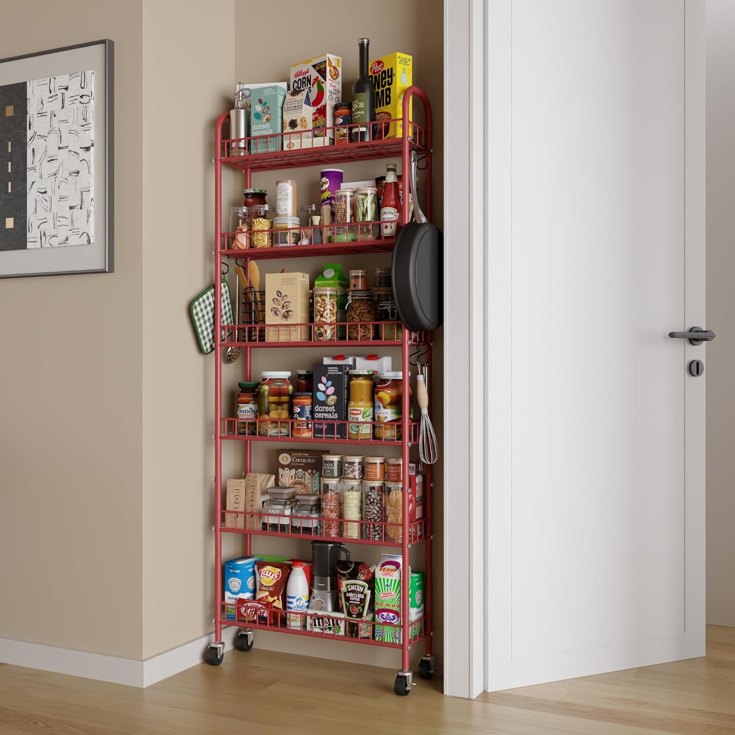 Slim Rolling Storage Cart 6 Tier, Metal Kitchen Rolling Utility Cart with Lockable Wheels for Kitchen, Bathroom, Office, Laundry Room, Small Narrow Spaces (Red 6 Inches)