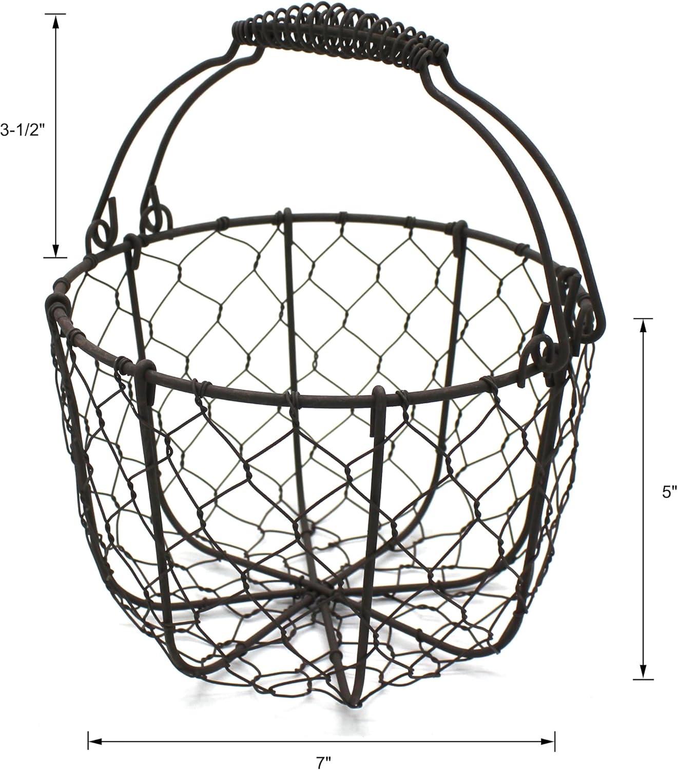 CVHOMEDECO. Round Chicken Wire Egg Basket Fruit Basket with Swing Handles Primitives Vintage Gathering Basket. Rusty