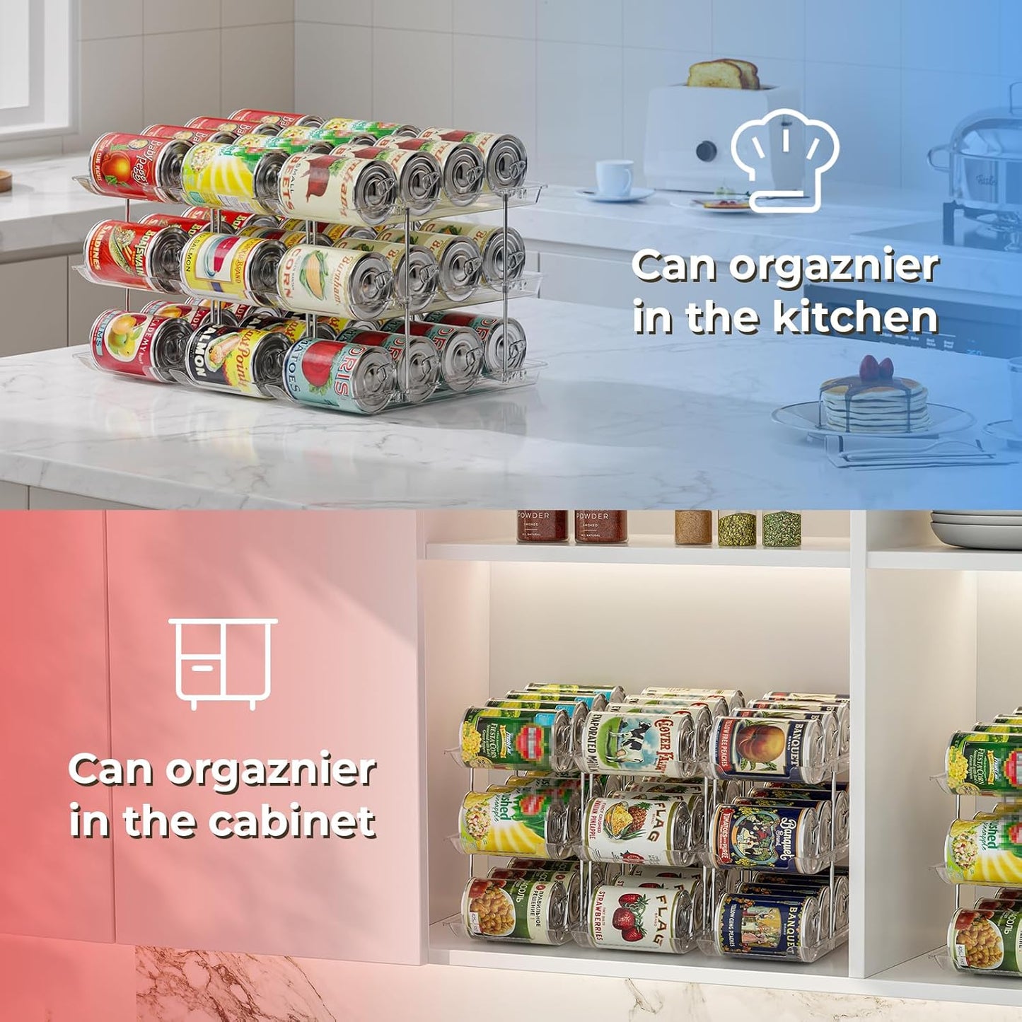 Stackable 3 Tiers Can Organizer Pantry, Canned Food Holder for Fridge Holds 36 Cans, Free Combination & Automatic Rolling, Space Saving Storage for Refrigerator Kitchen Pantry, Clear