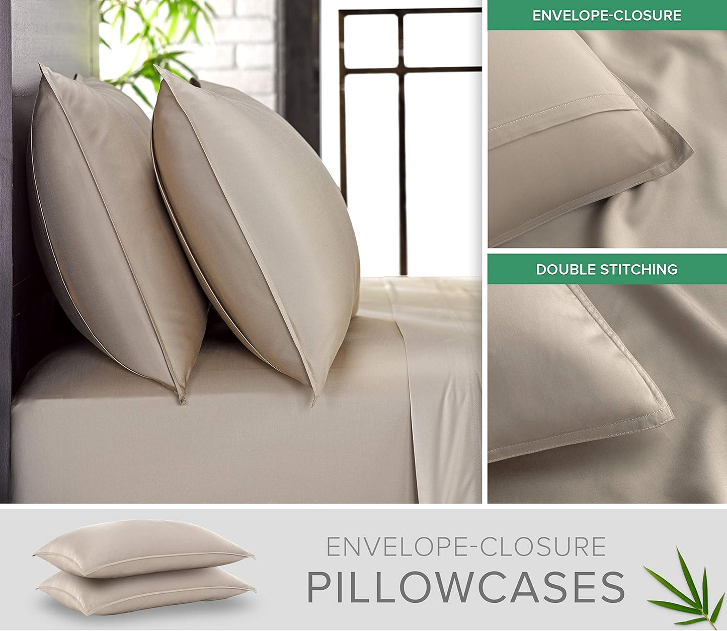 King Pillowcases by Pure Bamboo, Genuine 100% Organic Viscose Derived from Bamboo, Luxuriously Soft & Cooling, Double Stitching, Envelope Closure (2 King Pillowcases, Sand)